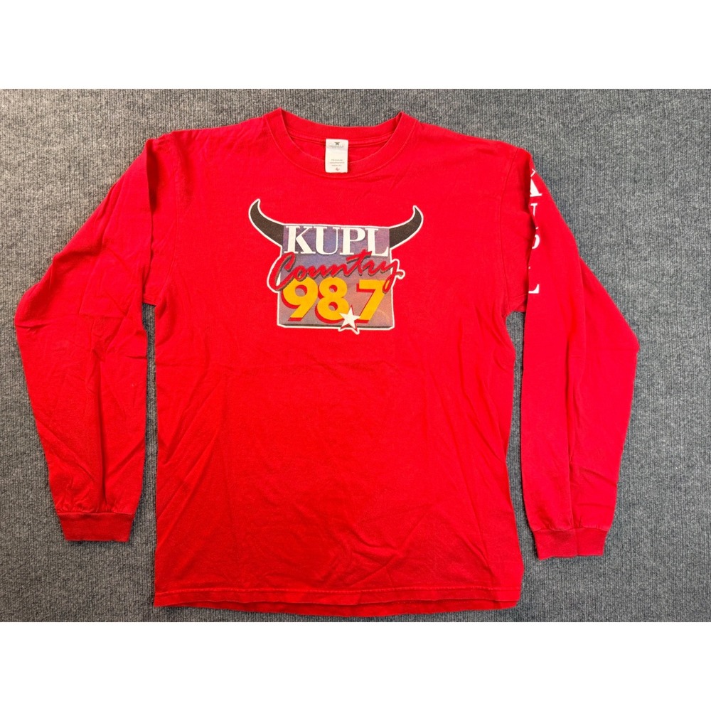 Vintage Anvil KUPL Country 98.7 Red Long Sleeve Graphic Tee Shirt Mens L USA Y2K